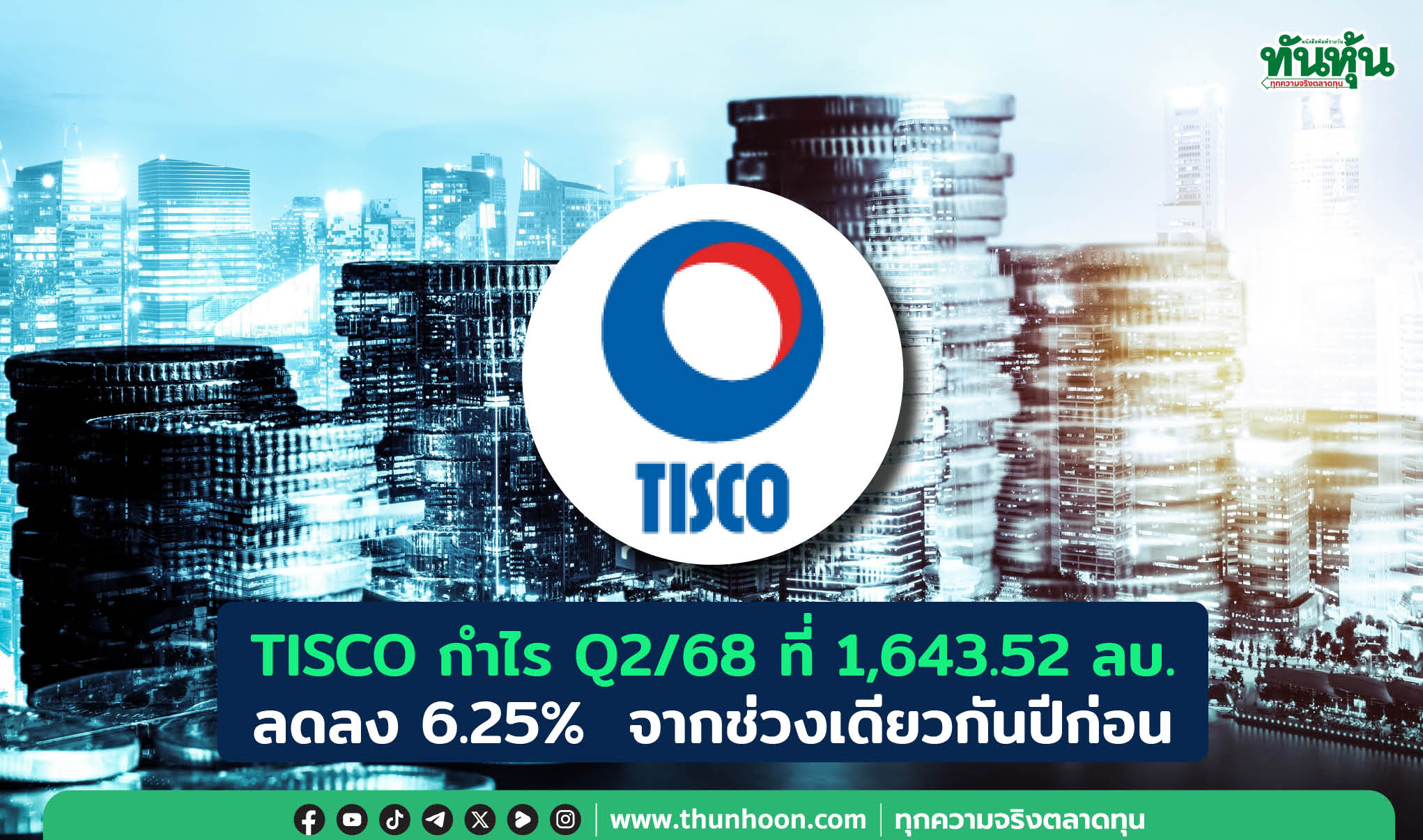 TISCO กำไร Q2/68 ที่ 1,643.52 ลบ.ลดลง 6.25%  จากช่วงเดียวกันปีก่อน